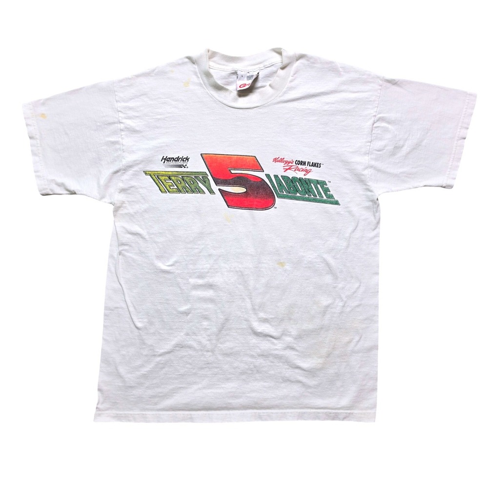VINTAGE Terry Labonte NASCAR T-Shirt Mens L White 1996 Kellogg's 5